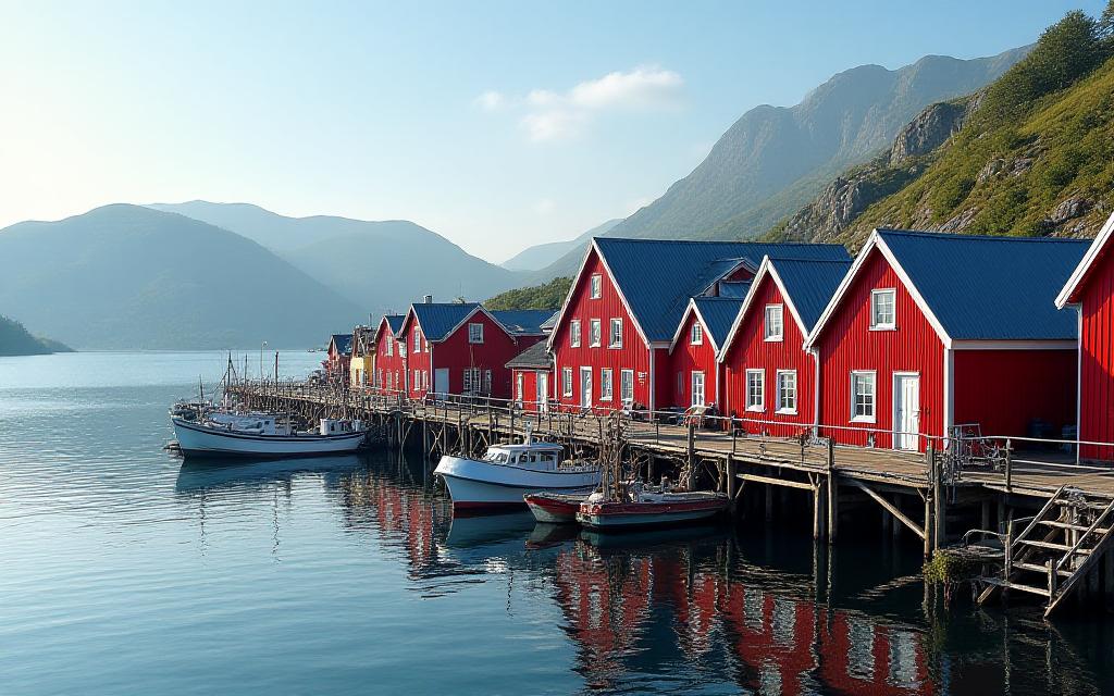 Norsk kystsamfunn med tradisjonelle fiskerhus
